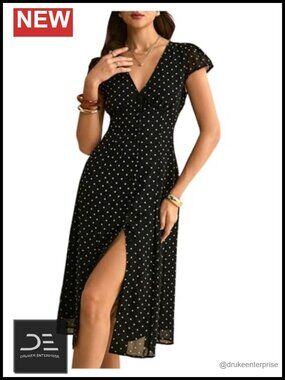 Polka Dot V Neck Cap Sleeve A Line Midi Dress Summer Going Out